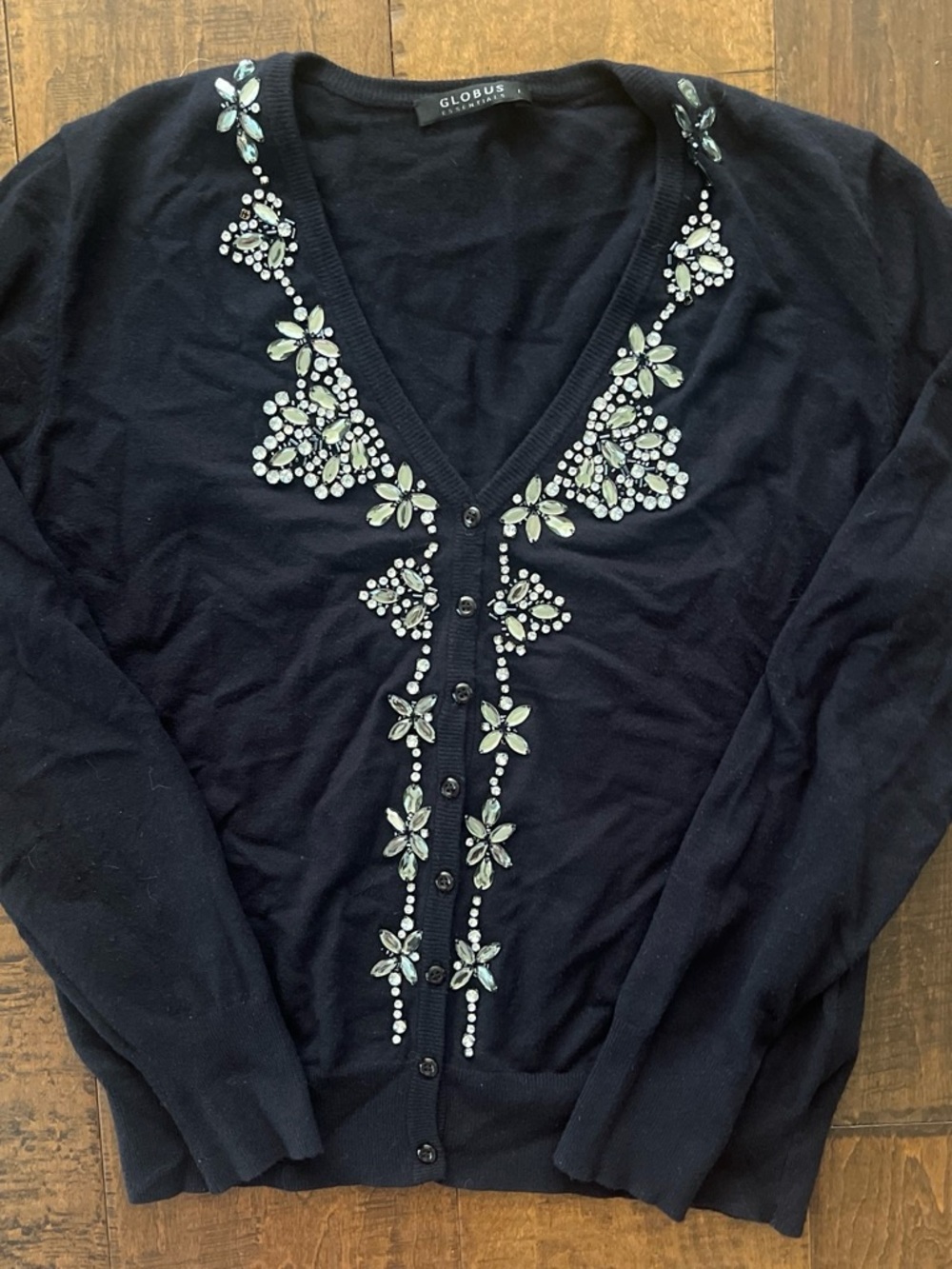 Globus Essentials black cardigan with intricate silver and crystal neckline